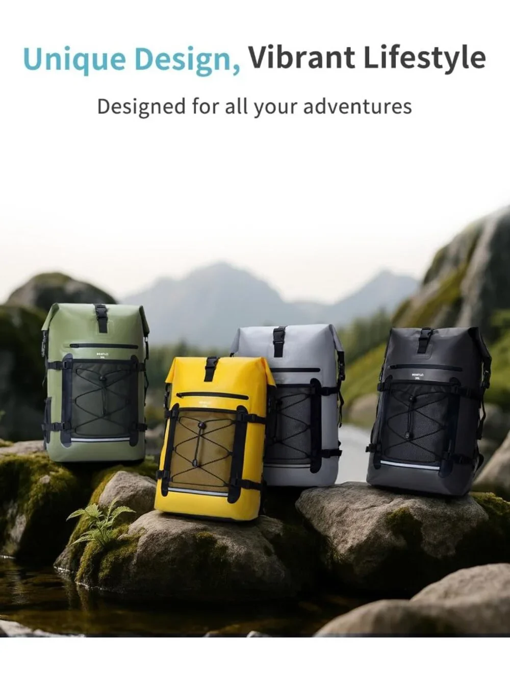 Waterproof Roll-Top Backpack 30L for Travel, Heavy Duty Dry Bag & Phone Case